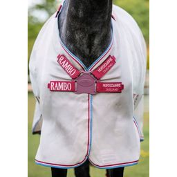 Rambo Protector Fly Rug with Disc-Front Closure, Oatmeal/Cherry, Peach & Blue - 160 cm