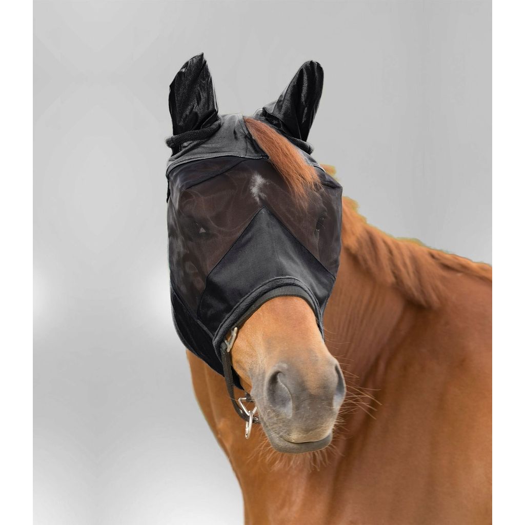Premium Fly Mask with Ear Protection, Black, Full